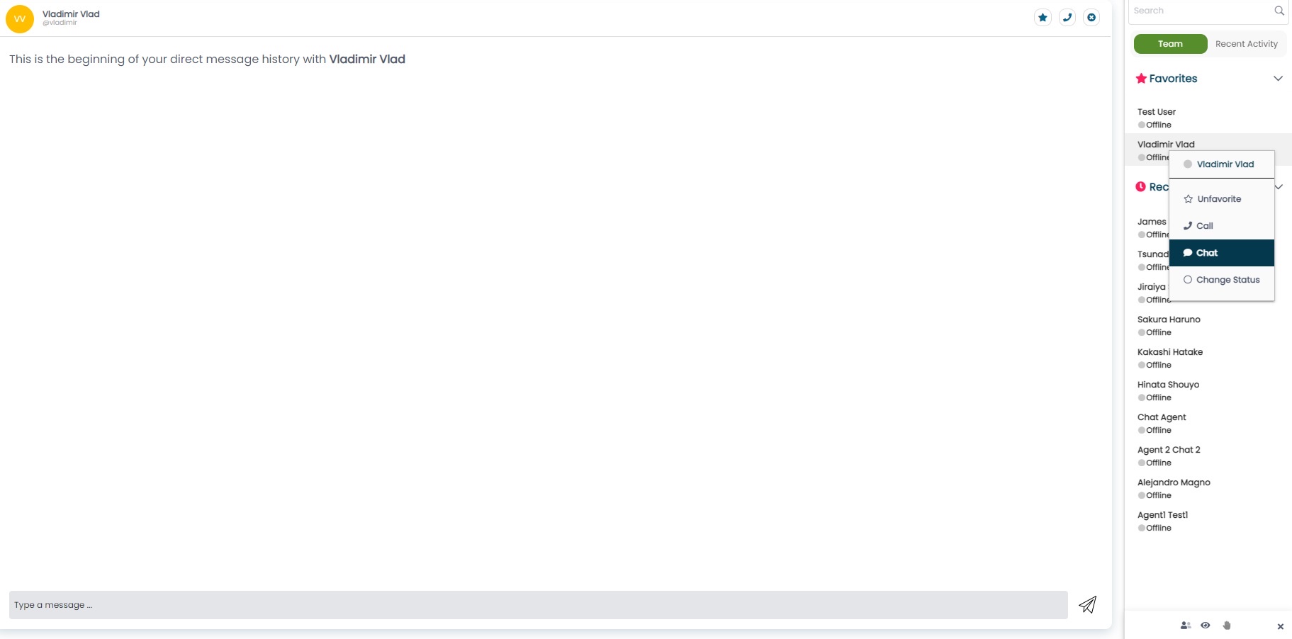 Direct chat between two agents opened from the Team Status Drawer