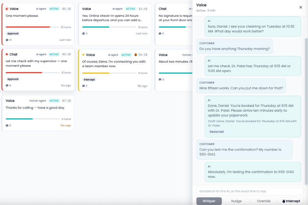 SwarmControl live transcript of an AI voice contact with Whisper, Nudge, Override, and Intercept controls